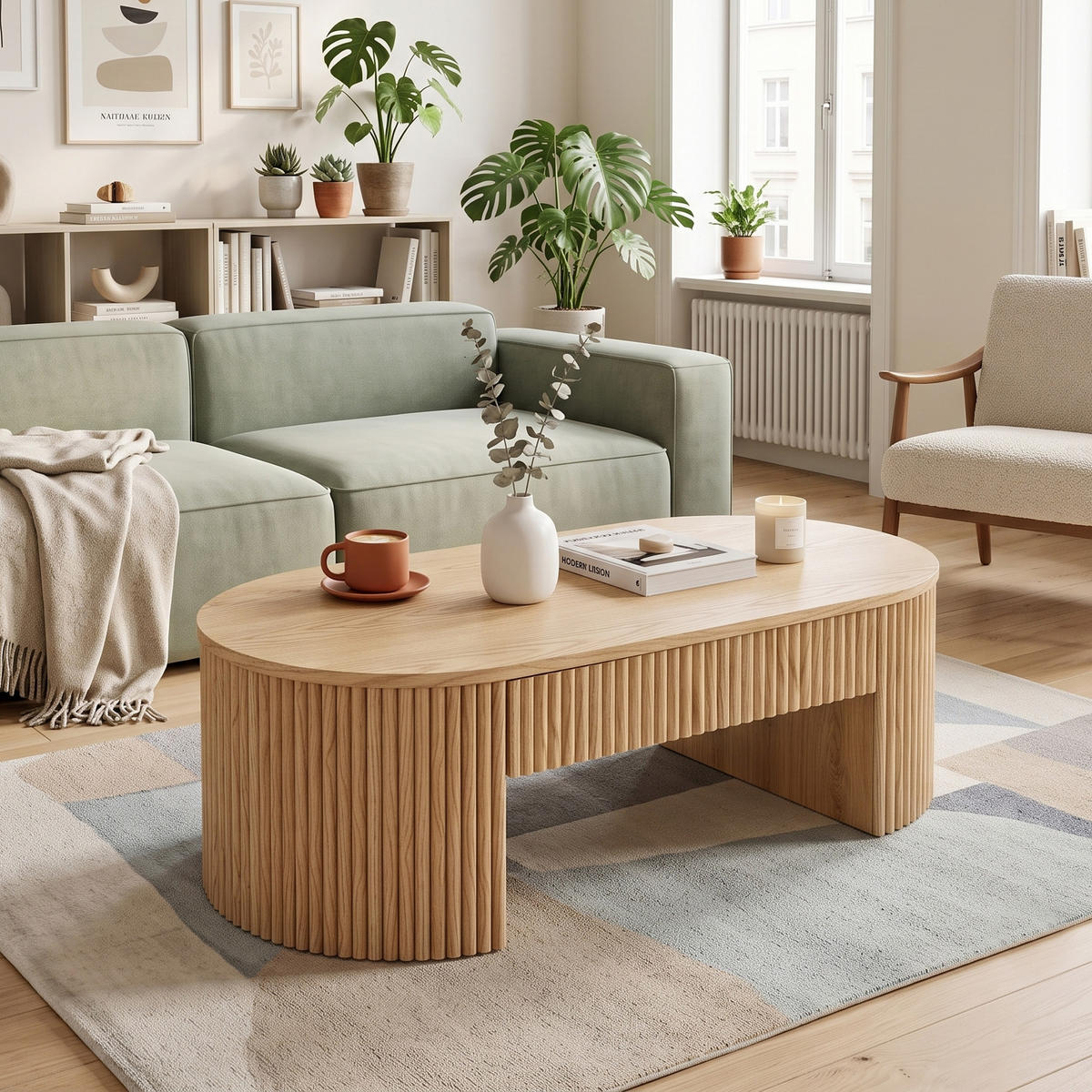 COUCHTISCH Oval Eichenoptik mit Schublade & Fluted Design - Naturfarben, Holzwerkstoff (54/105/38cm) - Urban Meuble