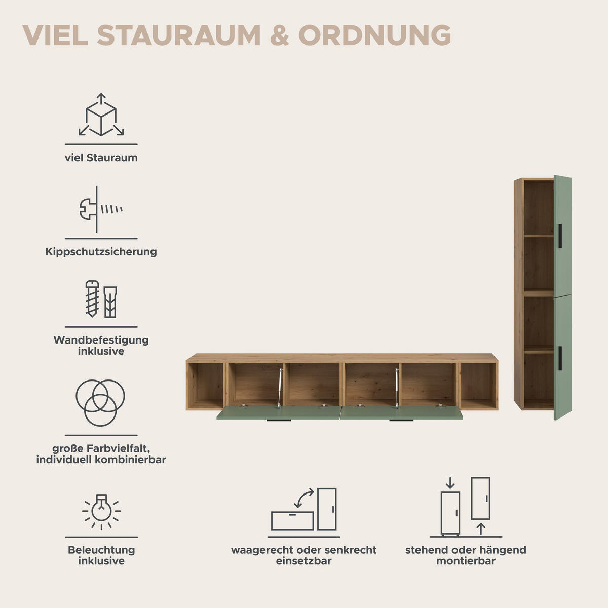 WOHNKOMBINATION inkl Beleuchtung THE ONE (B/H/T: ca. 259/182/34 cm) in Artisan Oak Nachbildung/Smoke Green - Eiche Artisan, Holzwerkstoff (259/182/34cm)