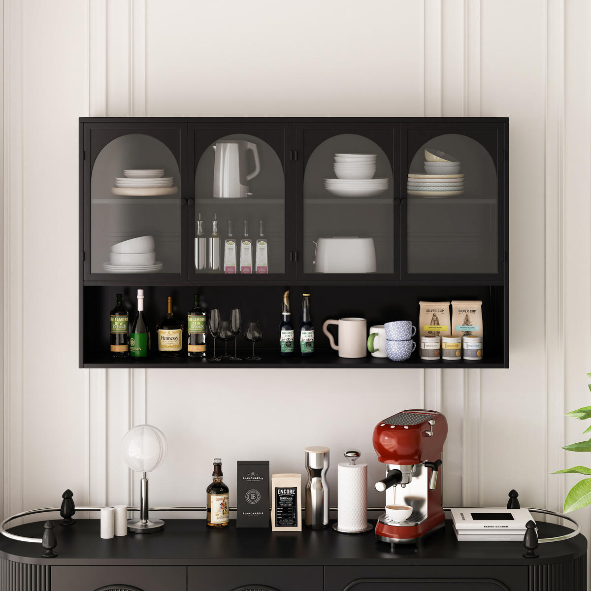 HÄNGESCHRANK DE-38130 120/23/70 cm mit 4 Glastüren Schwarz - Schwarz, Metall (120/70/23cm) - ComfortXL