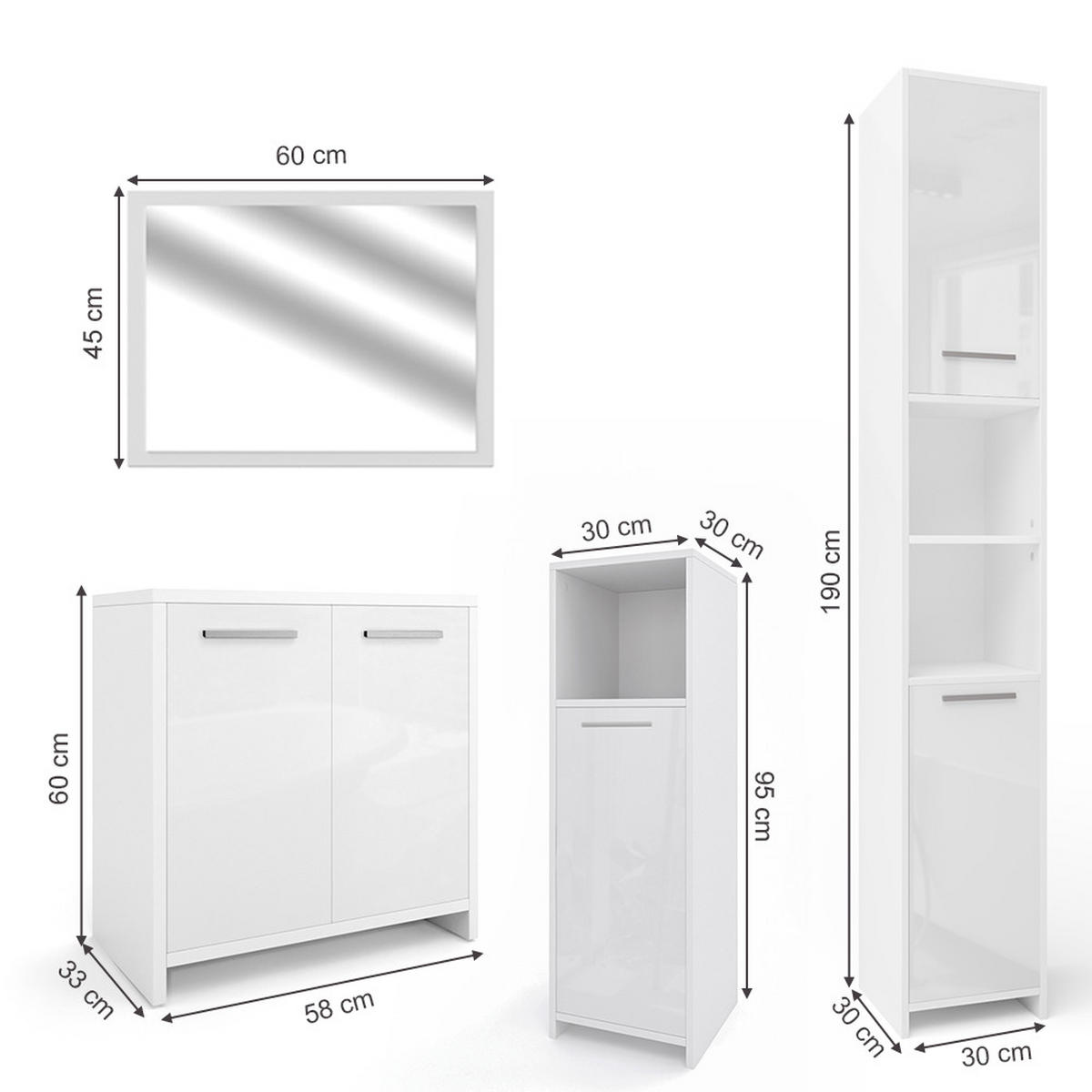 BADMÖBEL-SET Kiko Weiß Hochglanz 4 Teile - Weiß Hochglanz, Holzwerkstoff (58/60/33cm) - Vicco