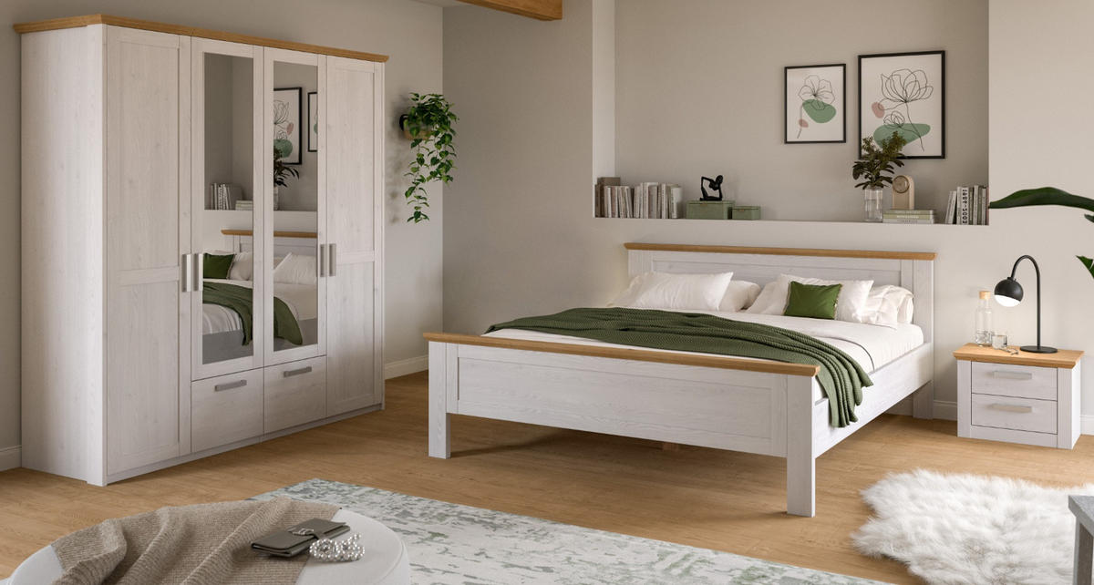 SCHLAFZIMMER weiß Lärche, Eiche Artisan Landhaus, Komplettset mit Bett, Kleiderschrank und Nachttisch - Eichefarben/Silberfarben, Holzwerkstoff/Kunststoff (180/200cm) - Inn.Furn
