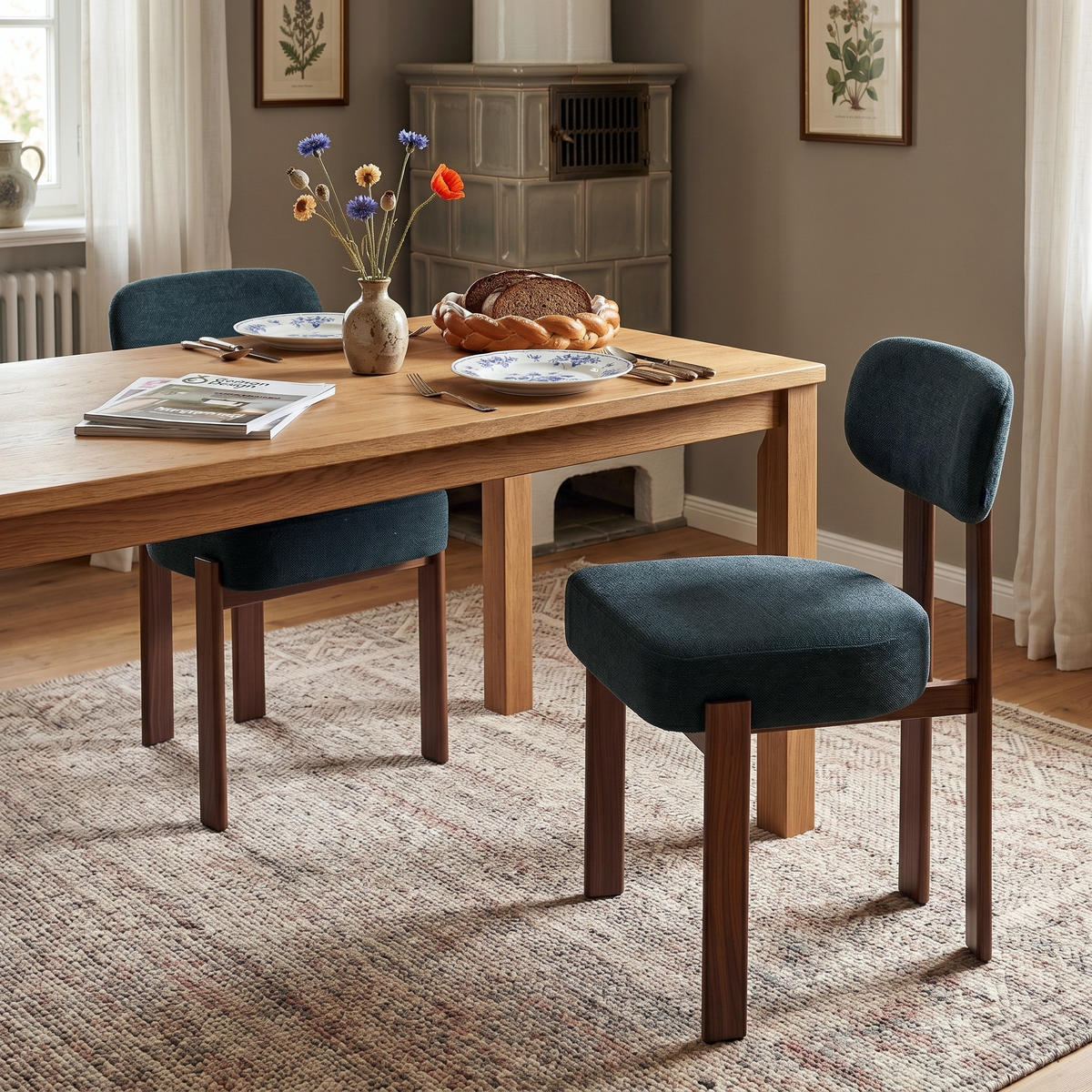MATSTOL 2-PACK i Linnetyg med böjt ryggstöd och tjock stoppning - Svart, Textil (49/82.5/57cm) - Urban Meuble