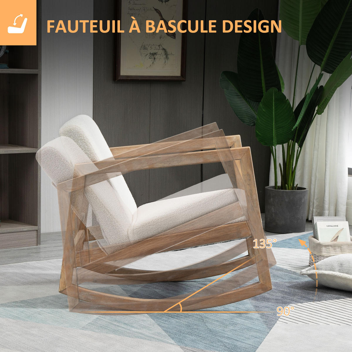 SCHAUKELSTUHL DE-17422 Bouclé-Stoff & Hevea-Holz Cremeweiß - Creme, Holz (81/71/60cm) - ComfortXL