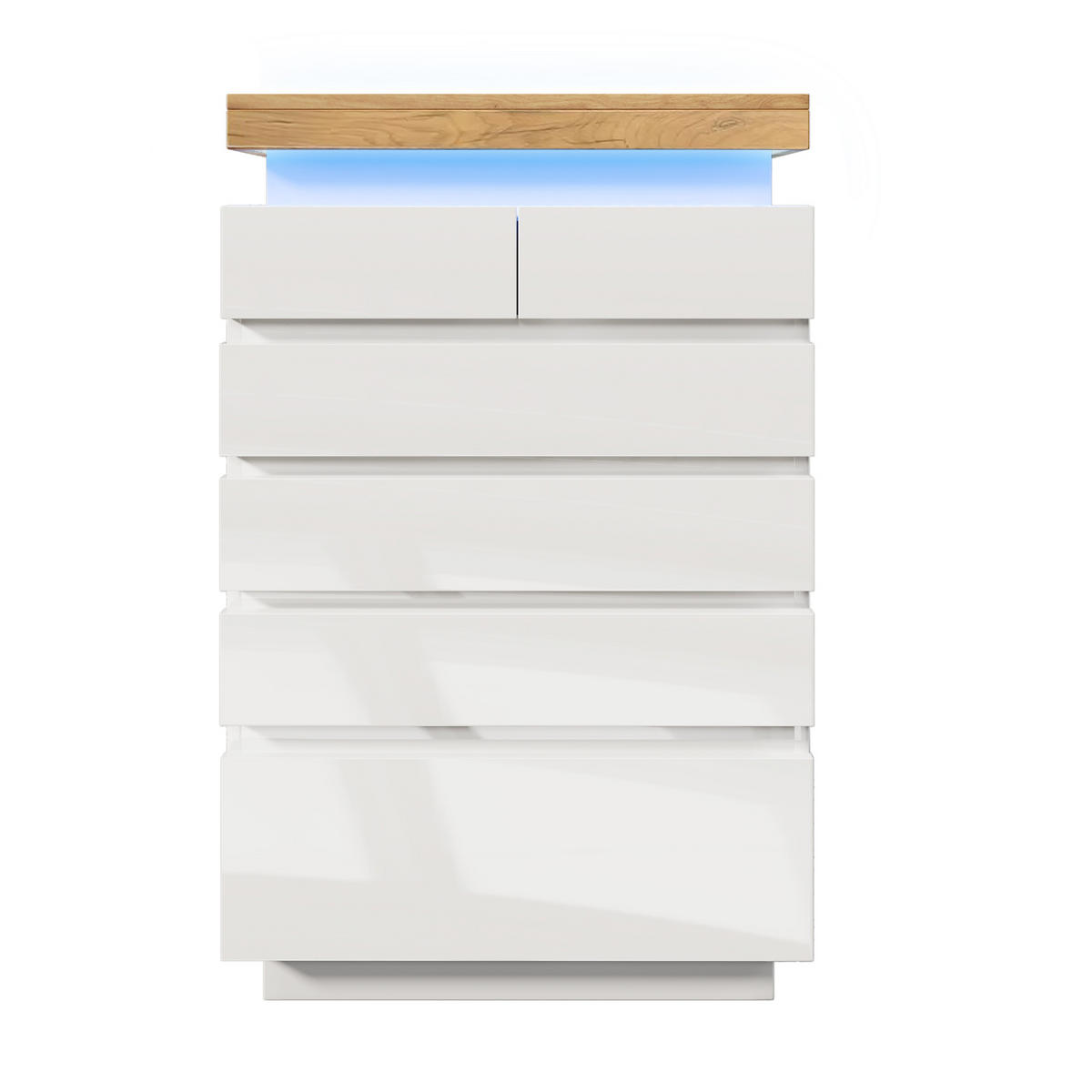 KOMMODE LED Hochglanz grifflos Touch/App 6 Schubladen 15kg leise Schienen Kippsicherung - Weiß, Holzwerkstoff (73/115/39cm) - EVRYAE