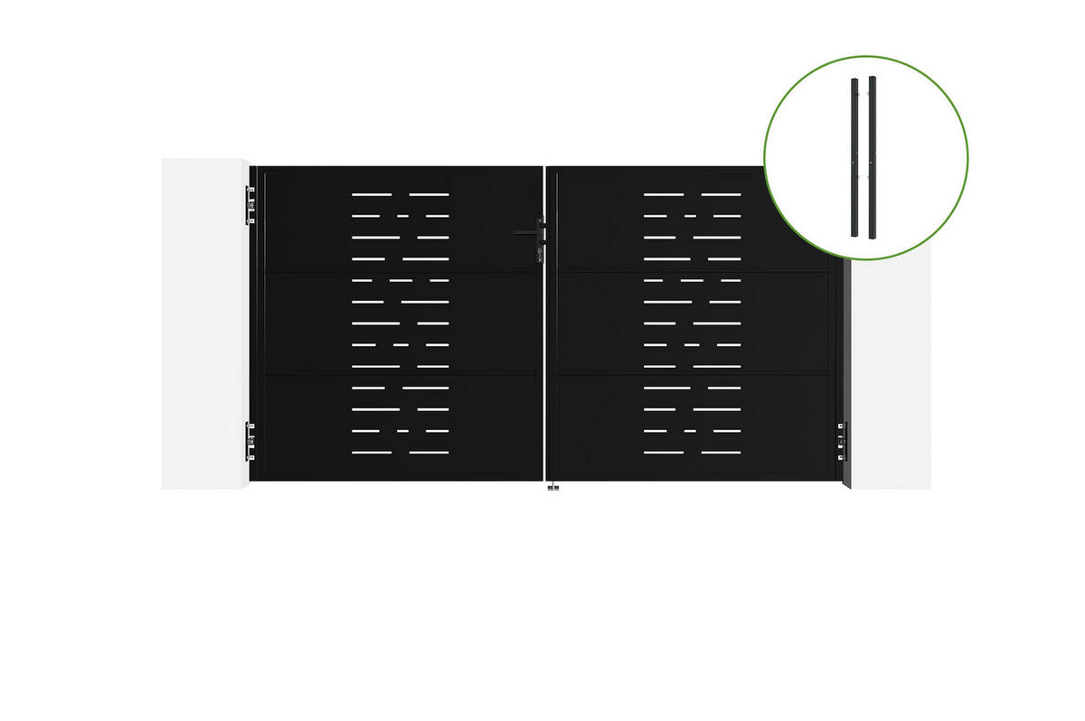STAHLFLÜGELTOR Nali Arlberg Mattschwarz 3m H.160cm + 2 STAHLPFOSTEN Dario 8x8 H.230cm - Schwarz, Metall (293/160cm) - Casanoov