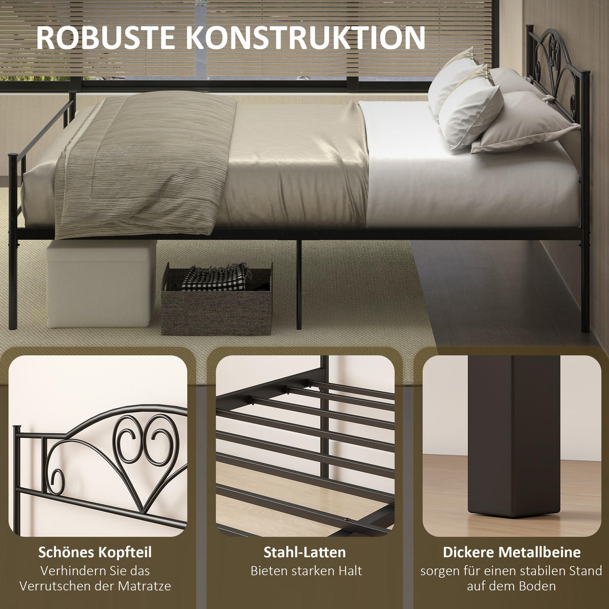 BETTGESTELL 140x200 cm DE-08201 mit Kopfteil, 300 kg belastbar Schwarz - Schwarz, Metall (140/200cm) - ComfortXL