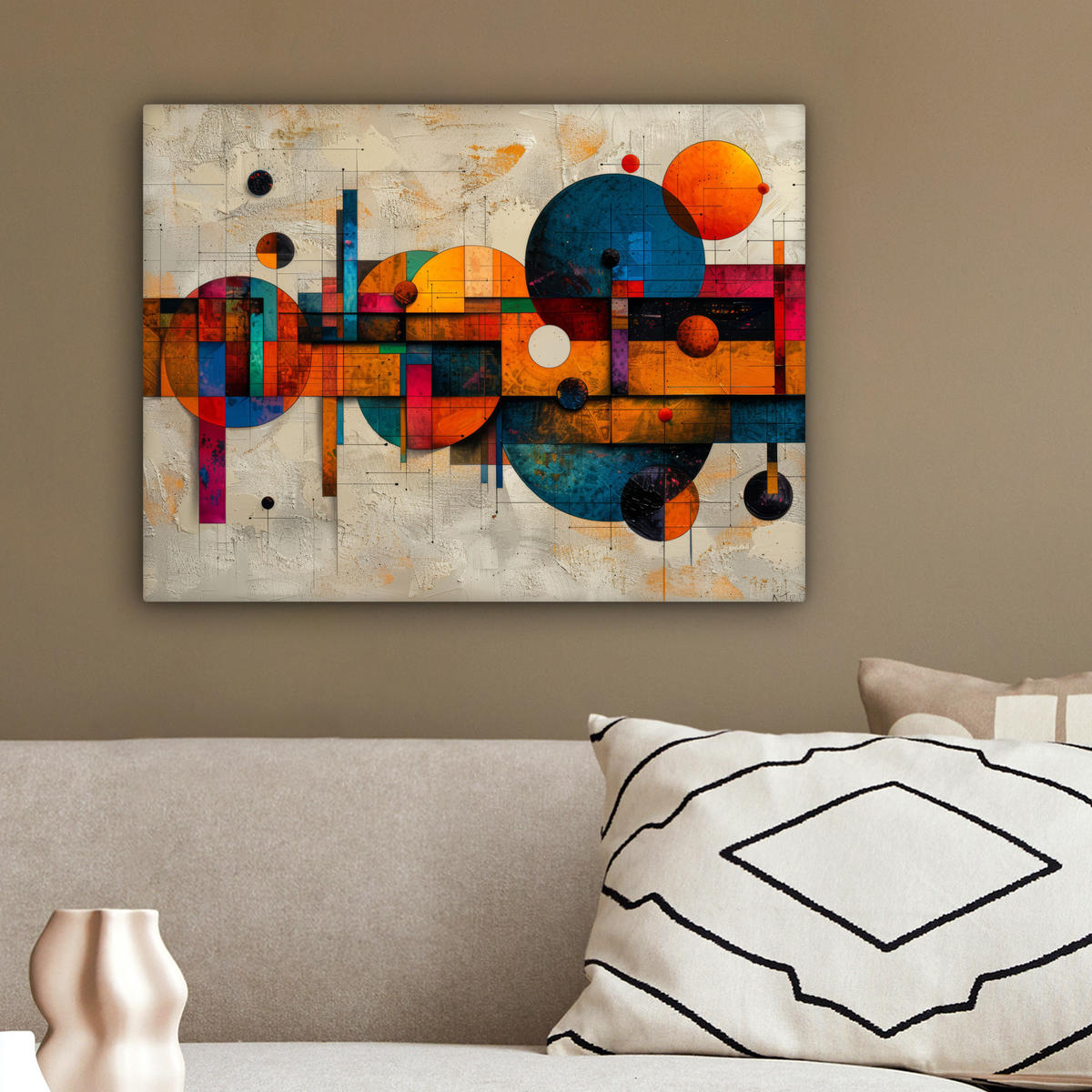 LEINWANDBILD - Vintage - Moderne Kunst - Orange - Geometrische Formen - 40x30 - Wanddeko - Multicolor, Textil (40/30cm) - MuchoWow