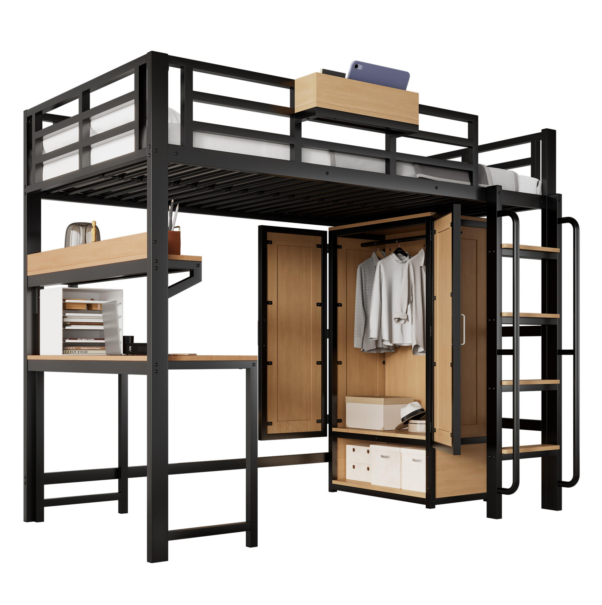 HOCHBETT 90/200 cm aus Metall und MDF mit Schreibtisch und Kleiderschrank Schwarz/Natur - Schwarz, Metall (90/200cm) - Modenvie