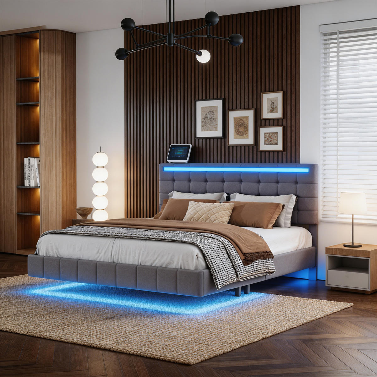 POLSTERBETT 160x200 cm mit LED und USB, Doppelbett mit Lattenrost und Kopfteil höhenverstellbares, Leinenbezug, Grau - Grau, Holz/Textil (160/200cm) - GENKI LIVING