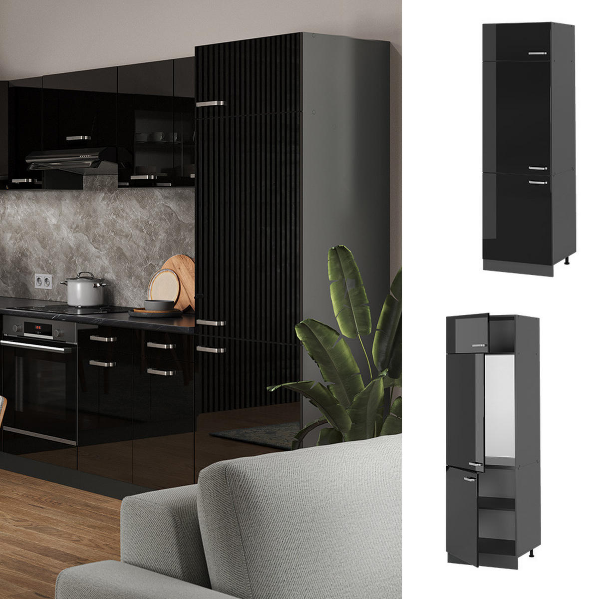 KÜHLUMBAUSCHRANK R-Line Schwarz Hochglanz 60 cm - Schwarz Hochglanz/Anthrazit, Holzwerkstoff (60/206.8/57.2cm) - Vicco