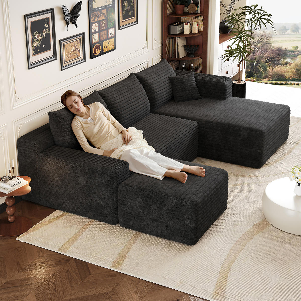 WOHNLANDSCHAFT Cord Schwarz ohne Montage - Schwarz, Textil (241/58/151cm) - WISHDOR