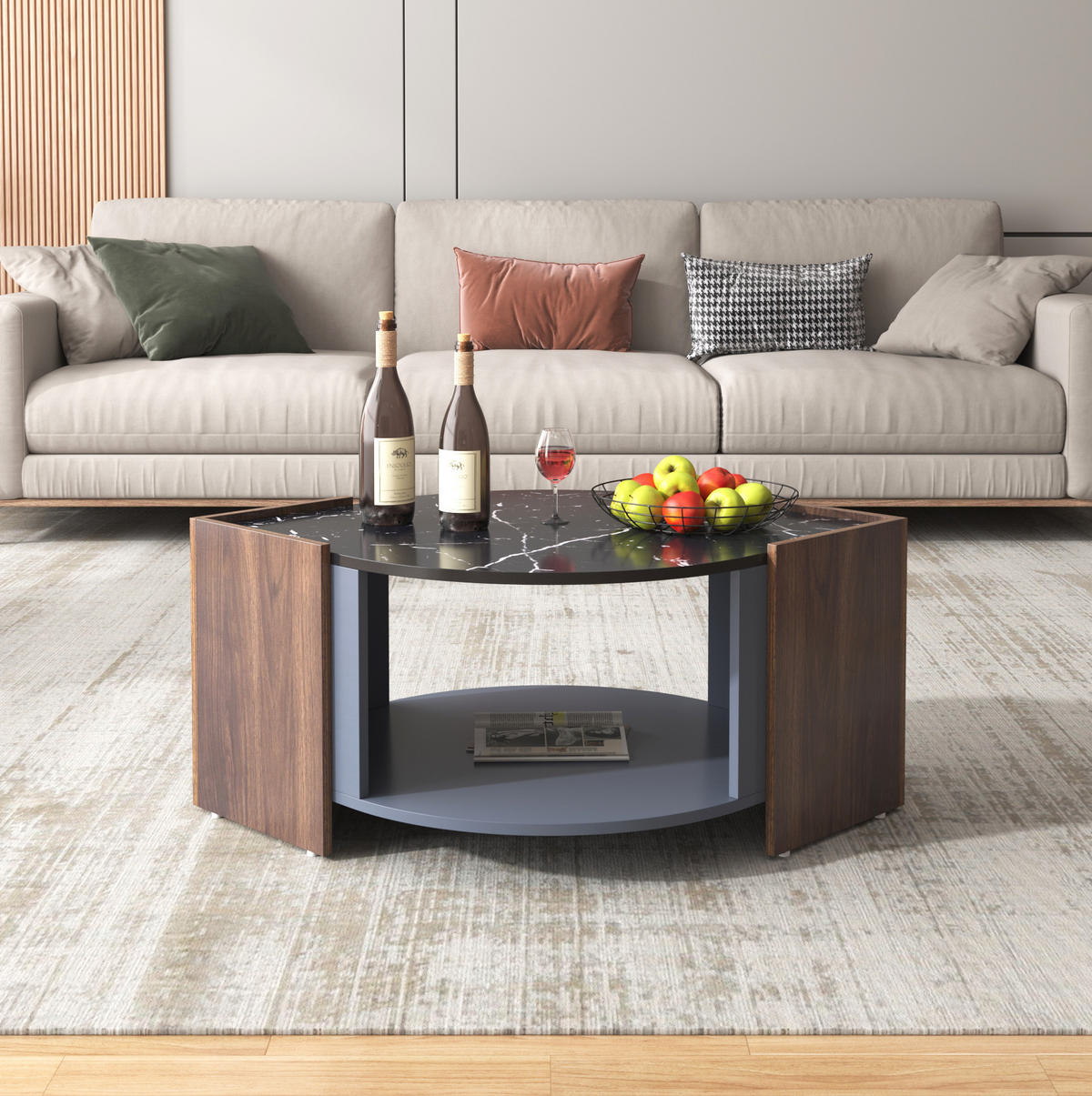 COUCHTISCH, schwarze Marmoroptik & Walnussmaserung, Spanplatte, 96,5/63/40 cm, Schwarz und Holz - Schwarz, Holzwerkstoff (96.5/63/40cm) - Redom