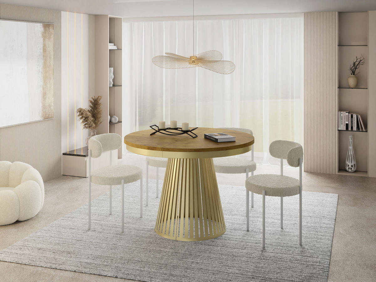 ESSTISCH Naro rund ausziehbar mit Goldem Lamellen-Metallgestell, Eiche Hell Braun 100-180/100/76 cm - Eichefarben/Goldfarben, Holzwerkstoff/Metall (100/100/76cm) - WFL GROUP