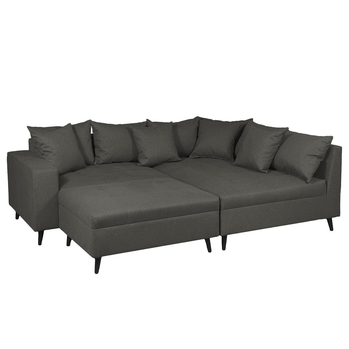 ECKSOFA mit Ottomane und Hocker - Dunkelgrau/Schwarz, Birkenholz/Textil (247/174cm) - home24