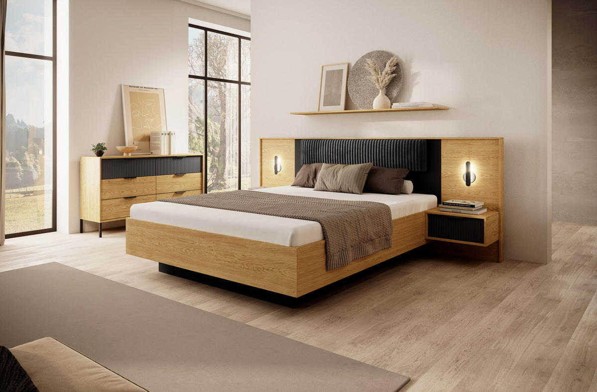 KLEIDERSCHRANK 225 cm mit Spiegel und LED Belano, 4 Türen, Eiche Baltic - Eichefarben, Holz (223/210/59cm) - Emporius