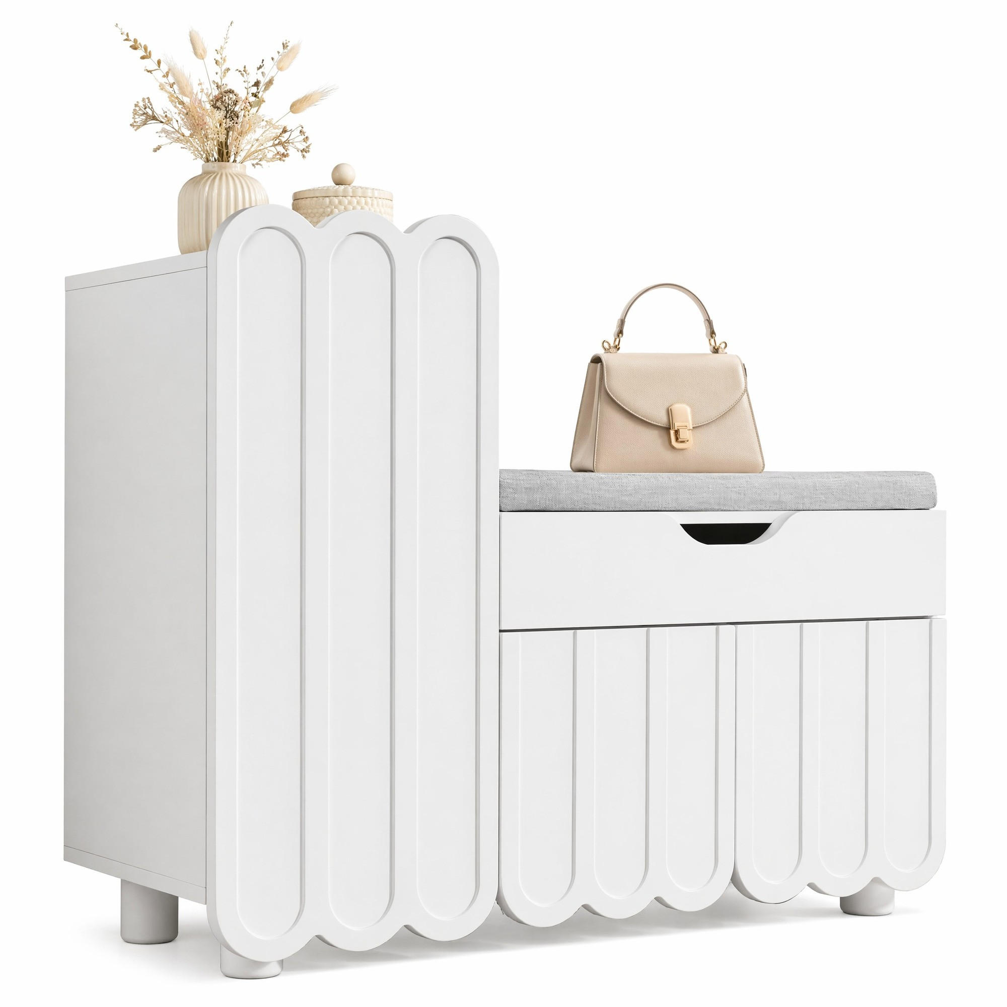 SCHUHSCHRANK in Weiß mit 3-Türen, Schublade und Sitzpolster für Flur und Eingangsbereich, B90/T35/H74.5cm - Weiß, Holzwerkstoff/Metall (90/60.5/35cm) - STILVORA