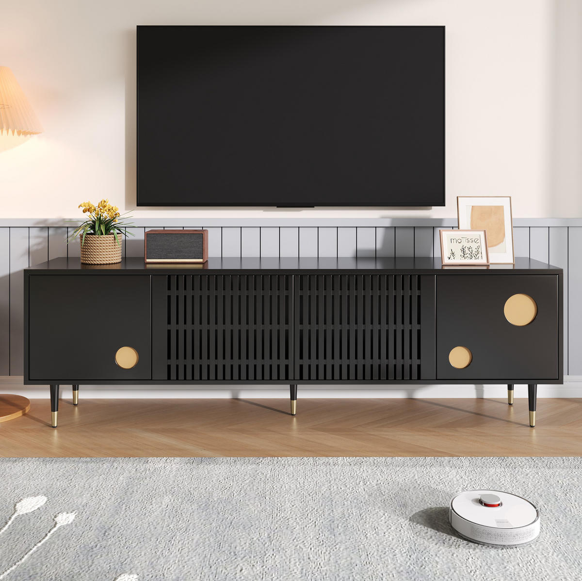 TV-SCHRANK 170/36/54 cm weiß MDF mit Gitterstruktur und goldenen Akzenten - Schwarz, Holzwerkstoff (170/54/36cm) - OKWISH