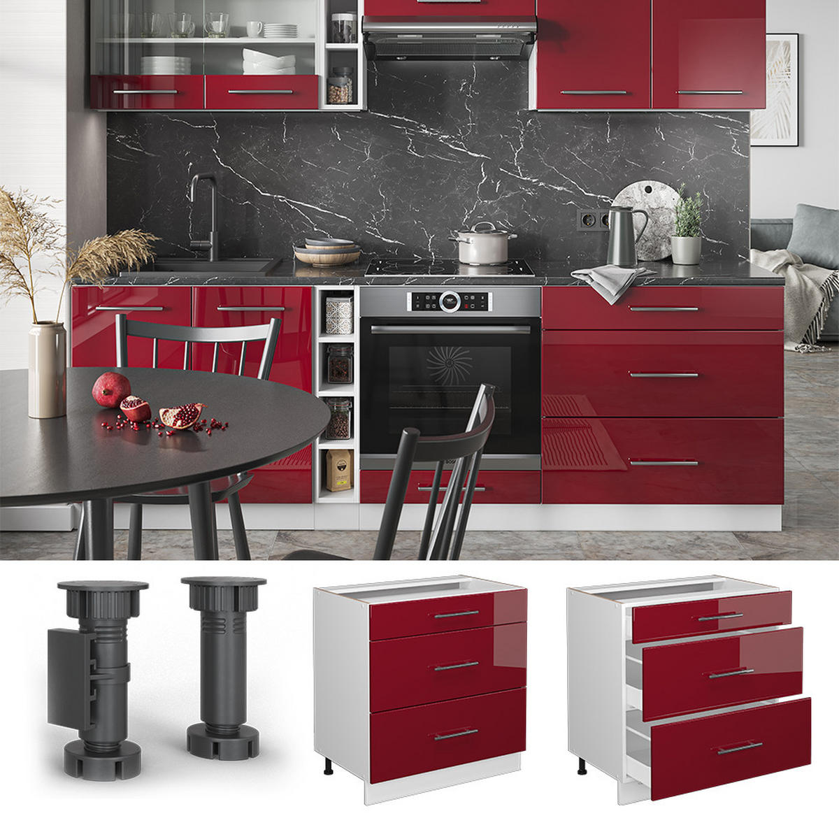 KÜCHENUNTERSCHRANK Fame-Line Bordeaux Hochglanz 80 cm AP Anthrazit - Bordeaux/Weiß, Holzwerkstoff (80/82/60cm) - Vicco
