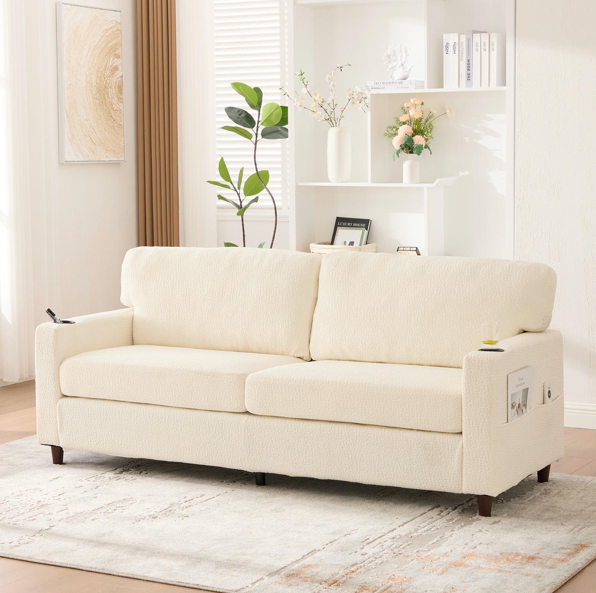 2-SITZER-SOFA aus Chenille 203x77,5x86 cm Beige mit USB-C, LED-Beleuchtung, Getränkehaltern und Seitentaschen - Beige, Textil (77.5/86/203cm) - Modfu