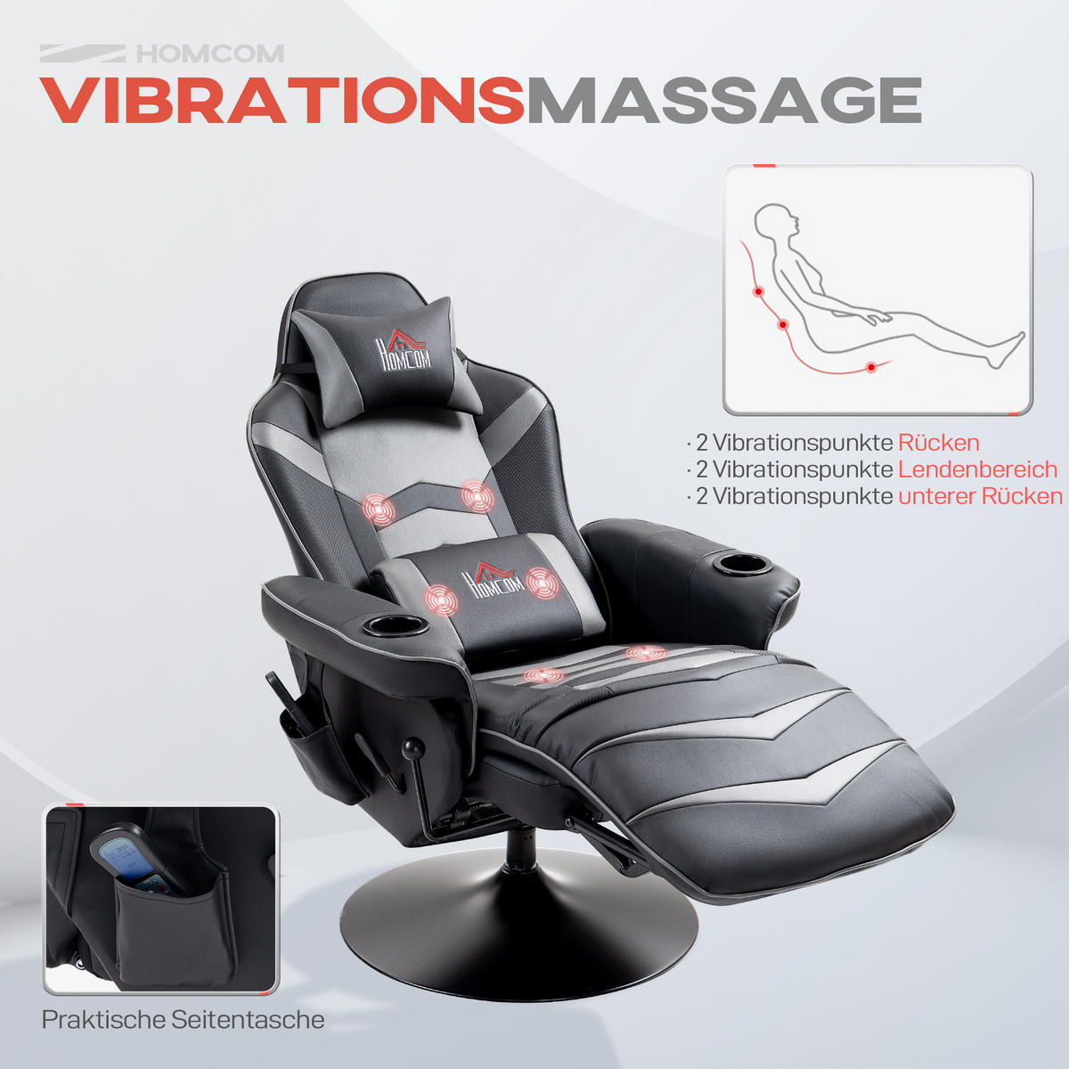 RELAXSESSEL mit Massagefunktion, Kissen, Kunstleder, Grau - Grau, Leder (82.5/111.5/79.5cm) - HOMCOM
