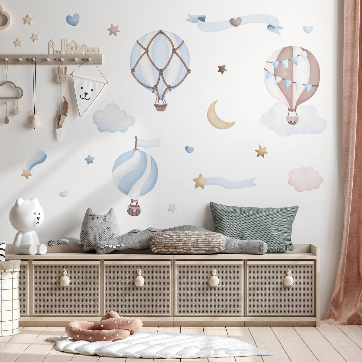 STICKER SET für Kinder blaue Luftballons Wolken Sterne Boho 60x30 - Beige/Braun, Papier (60/30/1cm) - Muralo