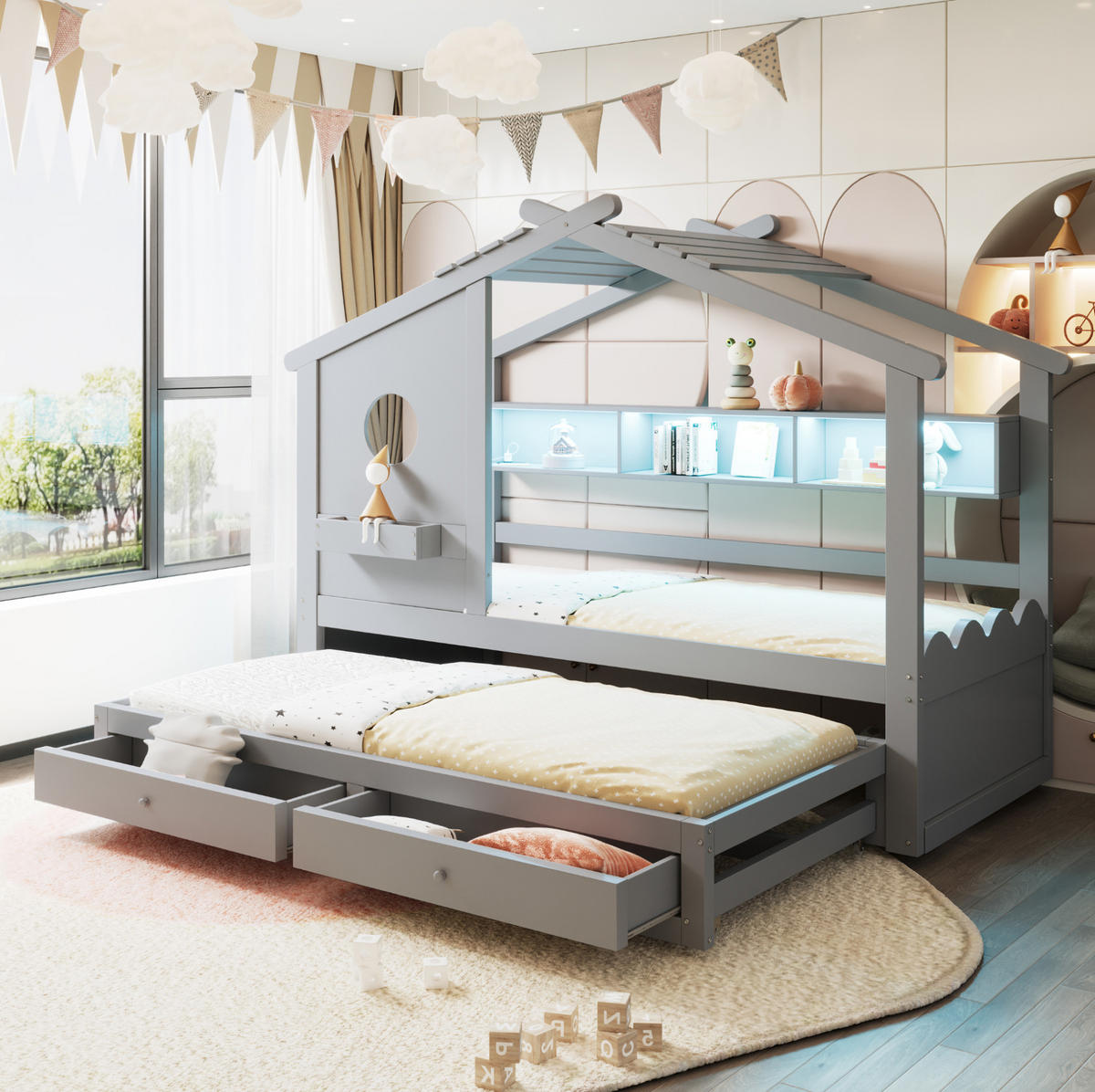 KINDERBETT 90/200 cm mit Ausziehbett 90/190 cm, LED, USB- und Typ-C-Anschluss, Schubladen und Stauraum, Grau - Grau, Holzwerkstoff (90/200cm) - Redom