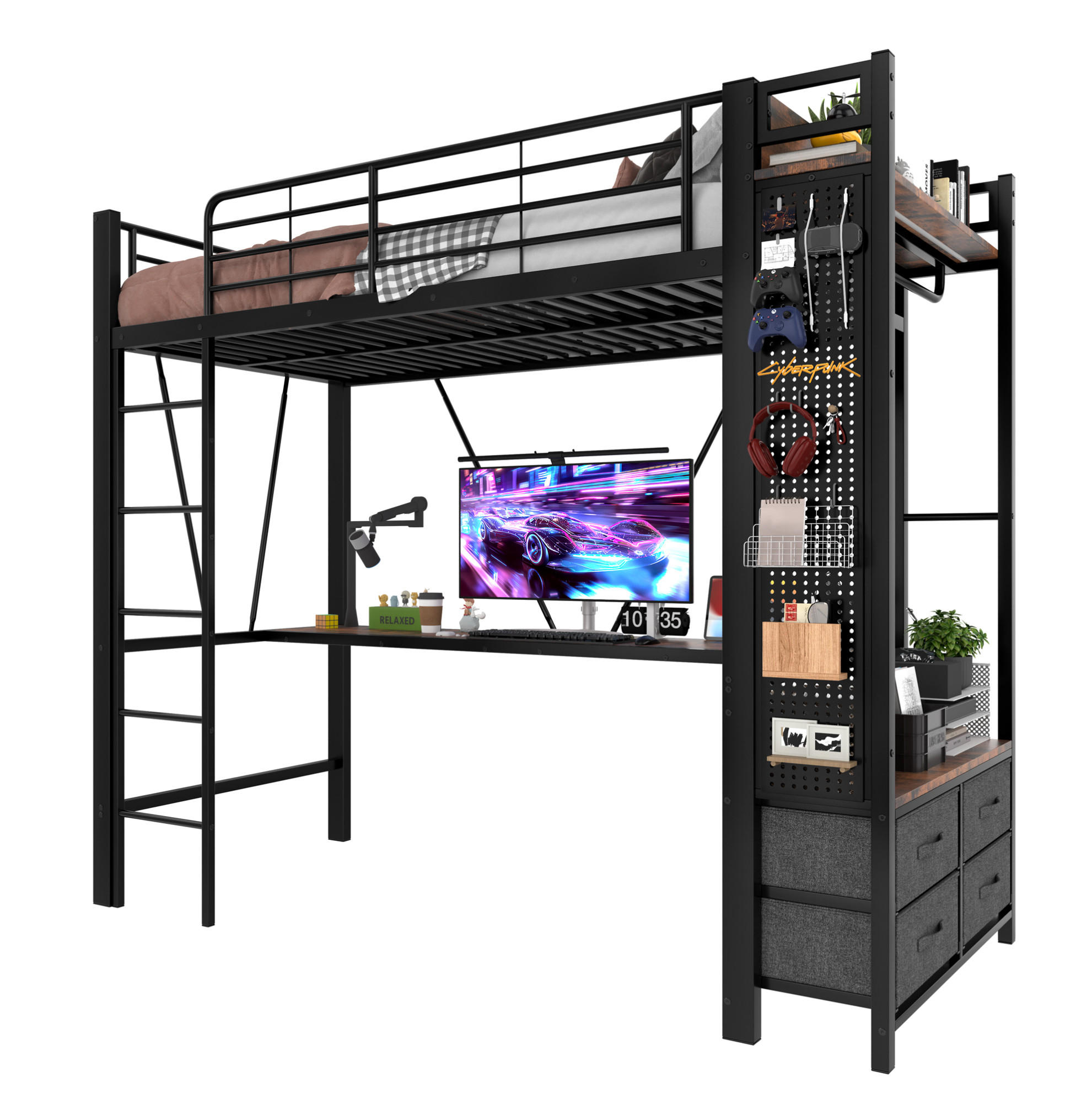 HOCHBETT aus Metall und MDF 90x200 cm Schwarz mit Schreibtisch, LED-Leiste, USB-C und 4 Schubladen - Schwarz, Metall (90/200cm) - IVMEU