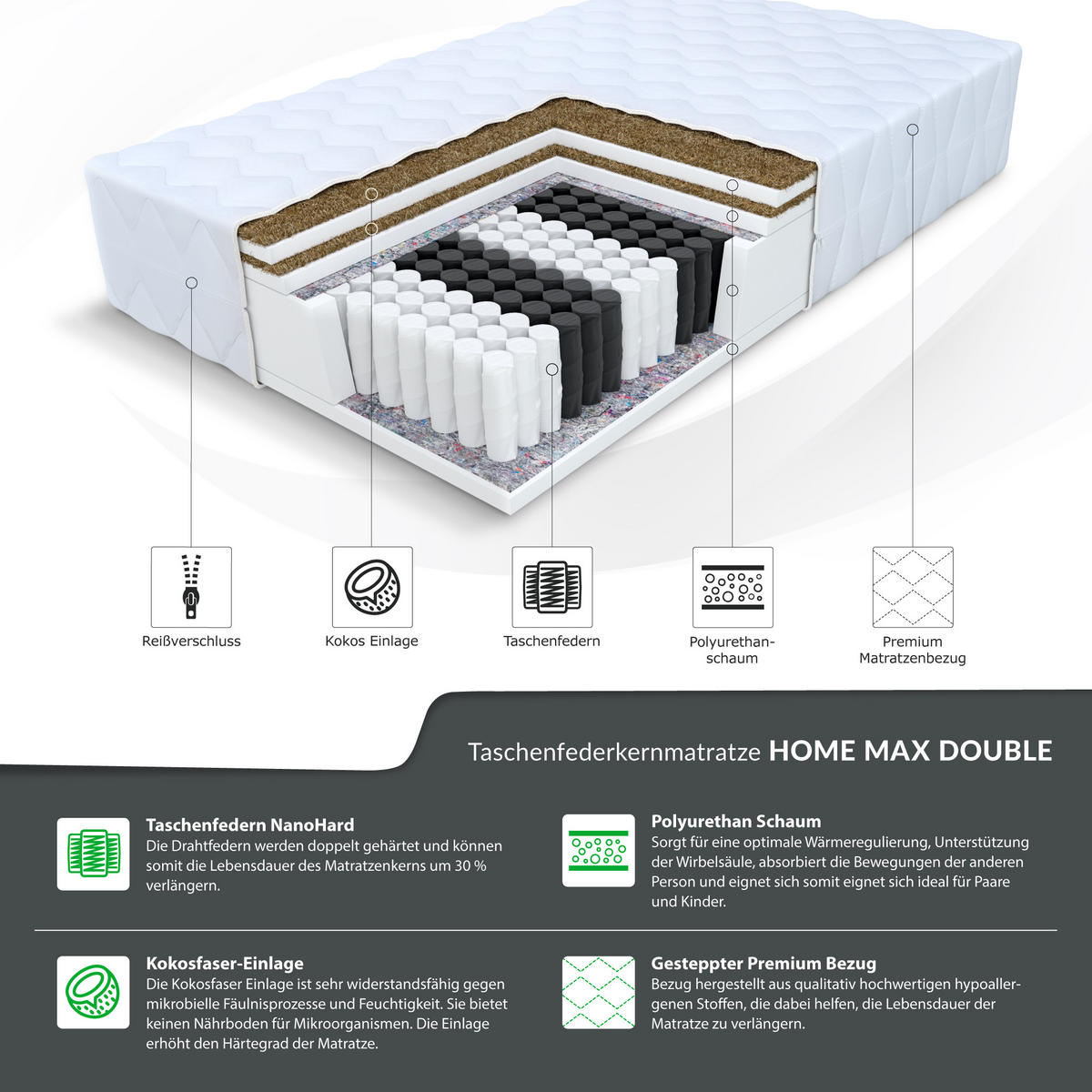 TASCHENFEDERKERNMATRATZE Home Max Double - Weiß, Naturmaterialien/Kunststoff (180/200cm) - FDM