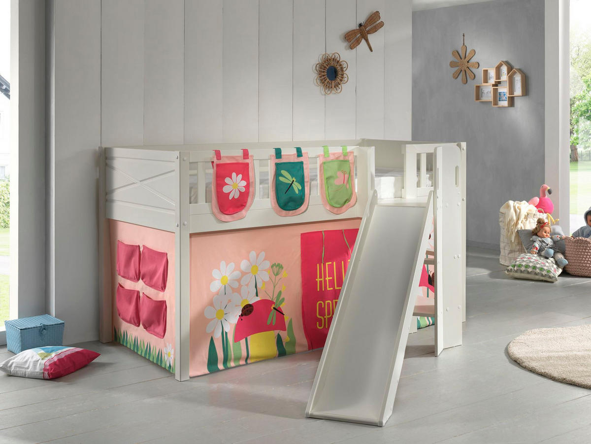 HOCHBETT mit Rutsche Karyl Massivholz Weiß Textilset Spring 3 - Hellrosa/Weiß, Holz (90/200cm) - 58aufmkessel