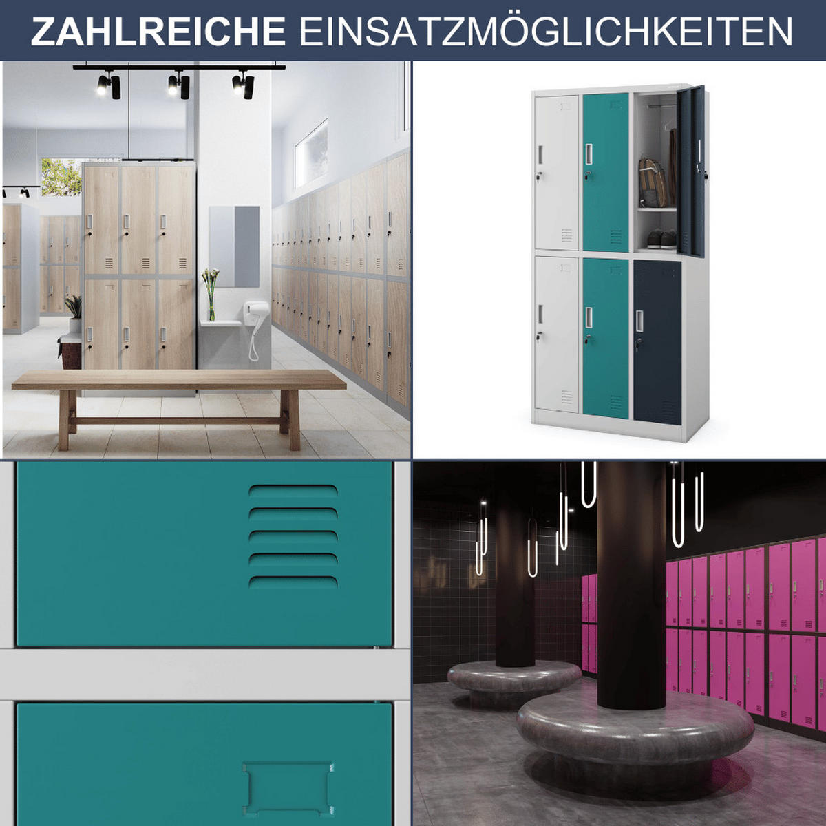 UMKLEIDESCHRANK Spind TOKIO 6 Abteile 185x90x45cm Grau-Blau-Anthrazit - Grau, Metall (90/185/45cm) - DELUKE