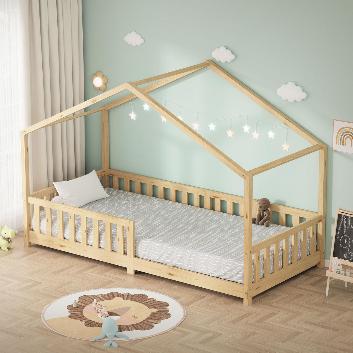 HAUSBETT 90x200 cm Natur aus Kiefernholz mit Rausfallschutz - Beige, Holz (90/200cm) - ML-DESIGN