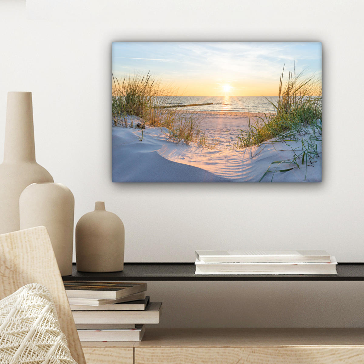 LEINWANDBILD Strand - Sonne - Düne - Gras - Sand - Horizont 30x20 cm - Hellblau, Textil (30/20cm) - MuchoWow