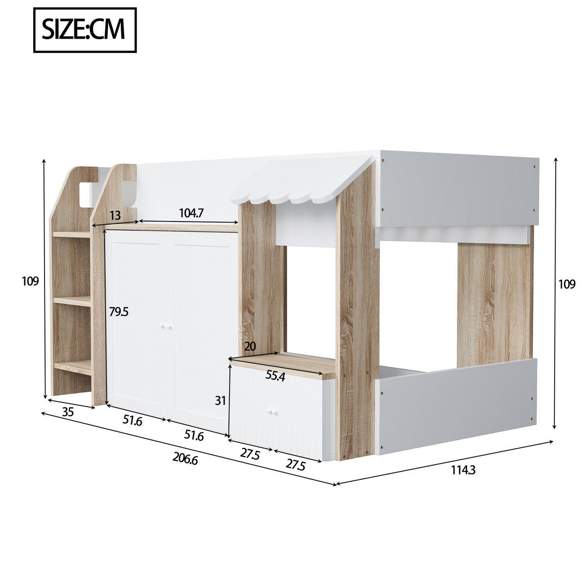 HAUSBETT Hausförmig 90/200 cm Weiß/Natur mit Stauraum ohne Matratze - Weiß, Holz (90/200cm) - MIVRAY