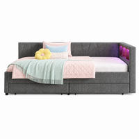POLSTERBETT 90/200 mit LED, zwei Schubladen, Ablagefächern und USB-/Type-C-Anschlüssen in Grau - Grau, Holzwerkstoff/Textil (90/200cm) - EVRYAE