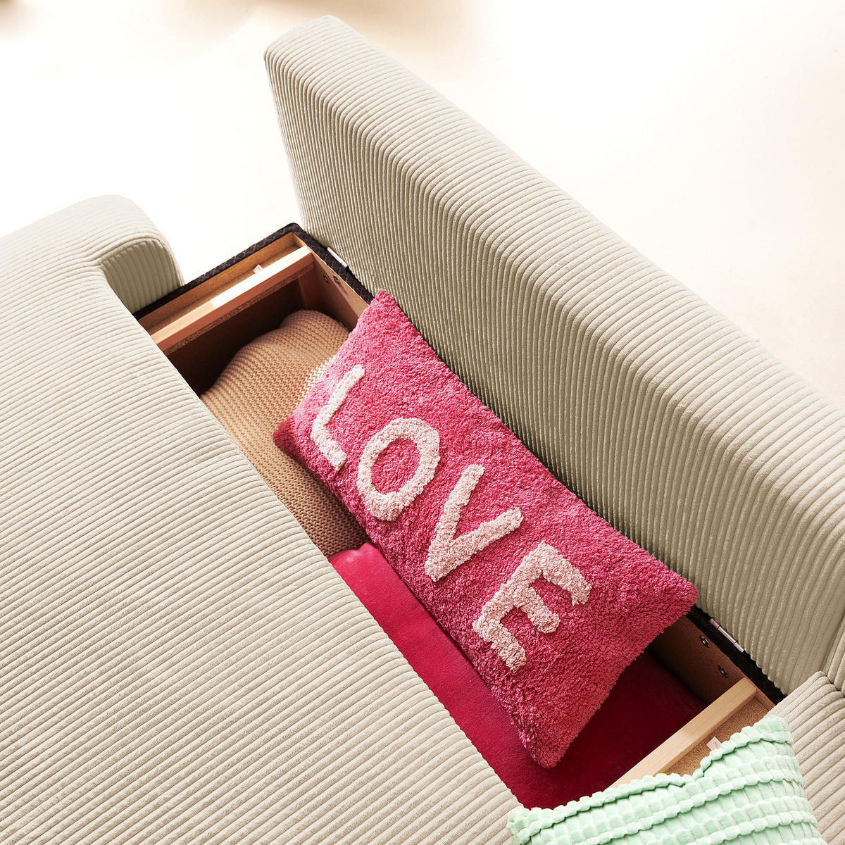 ECKSOFA mit Schlaffunktion - Longchair - Creme/Schwarz, Kunststoff/Textil (253/167cm) - home24