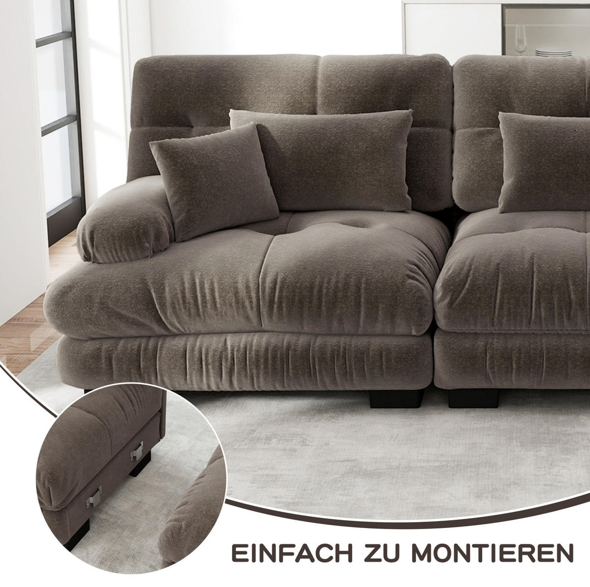 ECKSOFA aus Chenille 406x145x81 cm in Braun mit beweglichem Ottoman - Braun, Textil (145/81/406cm) - Modfu