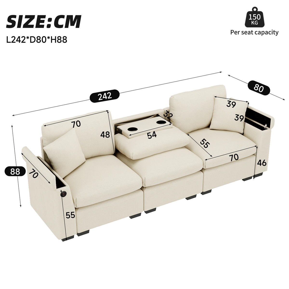 3-SITZER Sofa Chenille mit Klapptisch USB-Anschluss und Stauraum 242/80/88 cm Beige - Beige, Kunststoff/Textil (80/88/242cm) - Redom