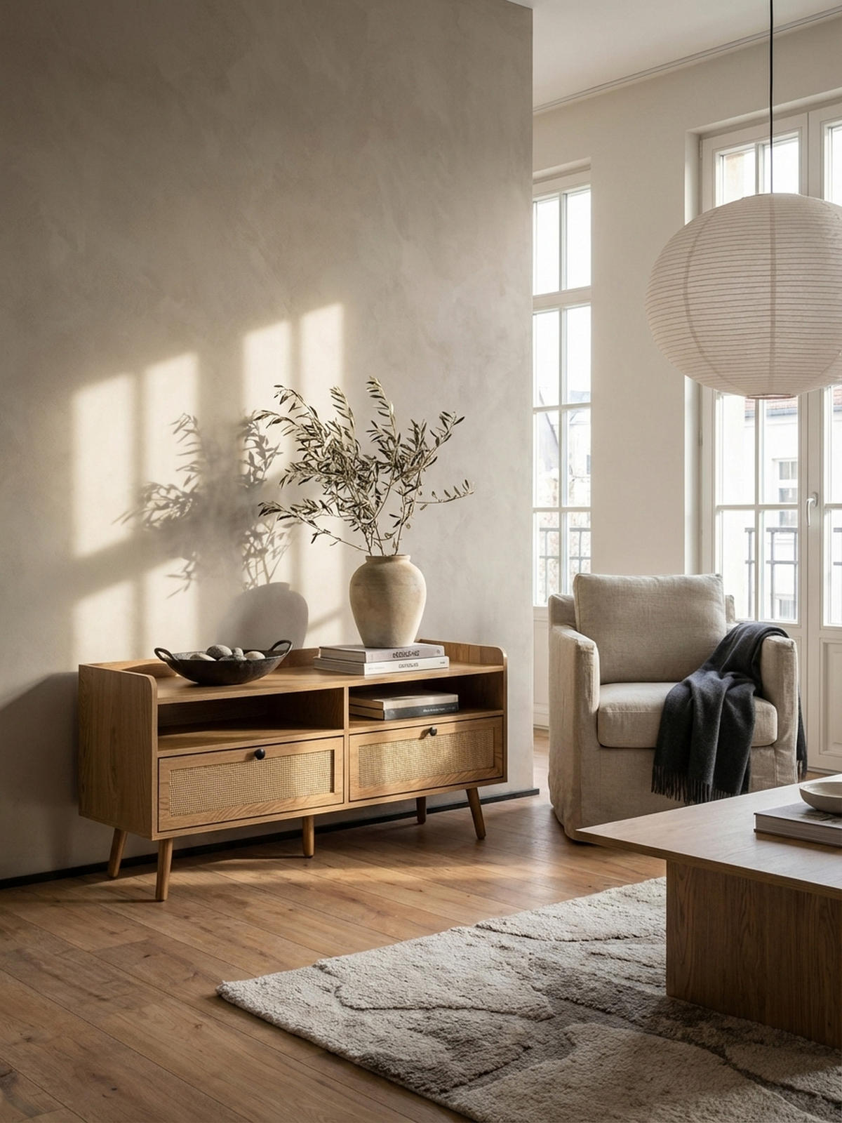 LOWBOARD Eiche-Dekor Rattan Modern Stil 120x56x39 cm mit Schubladen - Eichefarben/Braun, Holz (120/56/39cm) - KADIMA DESIGN