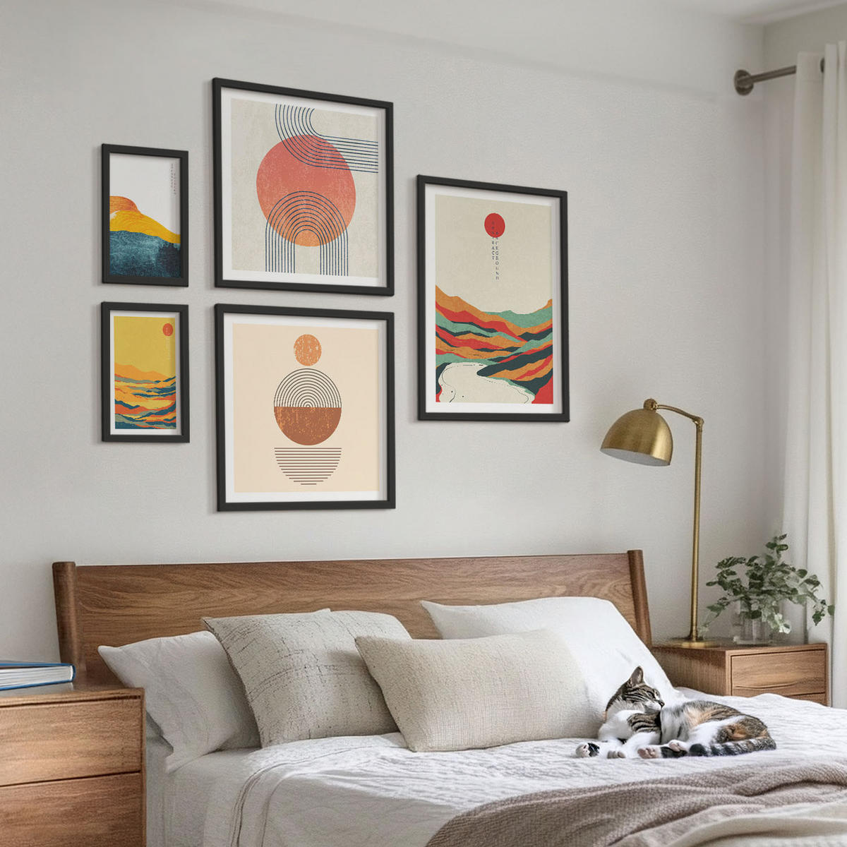 BILDER SET 5er Set - 50x50 cm & 20x30 cm & 40x60 cm Schwarzer Rahmen - Abstrakte Berglandschaften - Schwarz, Kunststoff (40/60cm) - TULUP