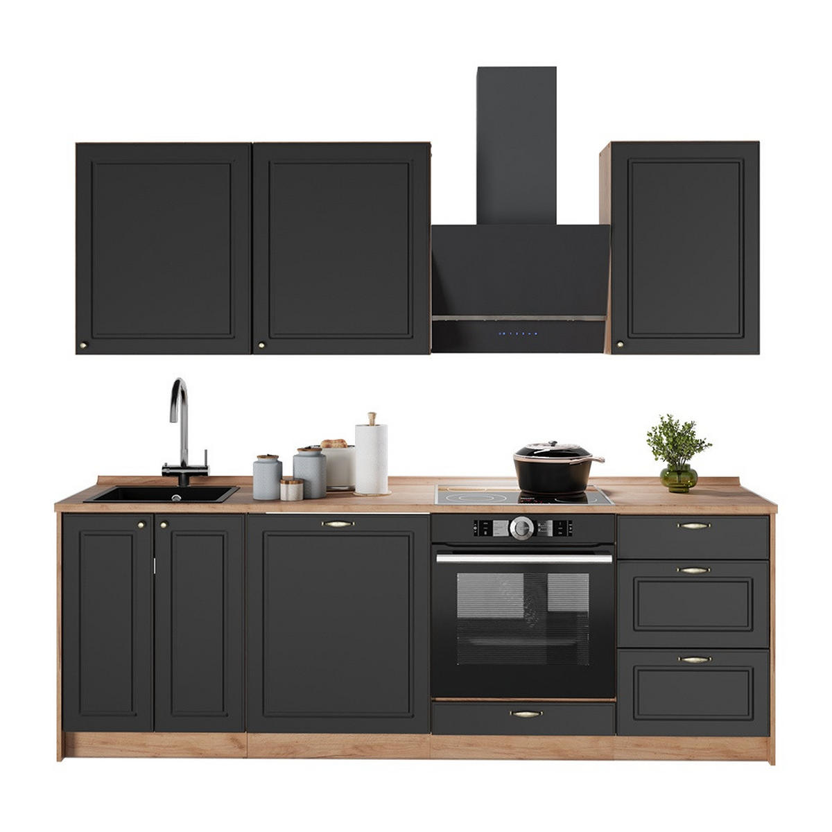 KÜCHENZEILE Fame-Line, Anthrazit-Gold Landhaus/Goldkraft Eiche, 230 cm ohne Arbeitsplatte - Honigeiche/Anthrazit, Holzwerkstoff (230/206.8/51.6cm) - Vicco