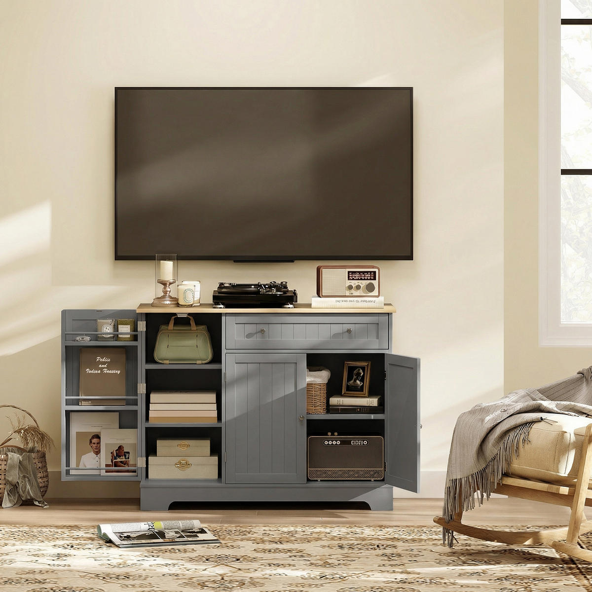 SIDEBOARD DE-11323 3 Türen & Schublade mit verstellbarem Boden Grau - Grau, Holzwerkstoff (105/83/40cm) - ComfortXL