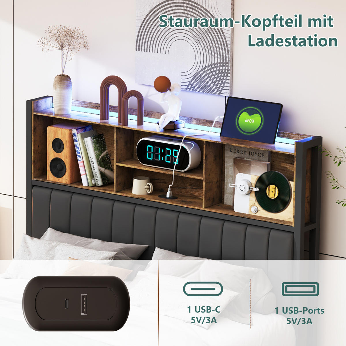 POLSTERBETT 140x200 cm, Schwarz, mit Schubladen, LED-Beleuchtung, USB - Schwarz, Textil/Metall (160/200cm)
