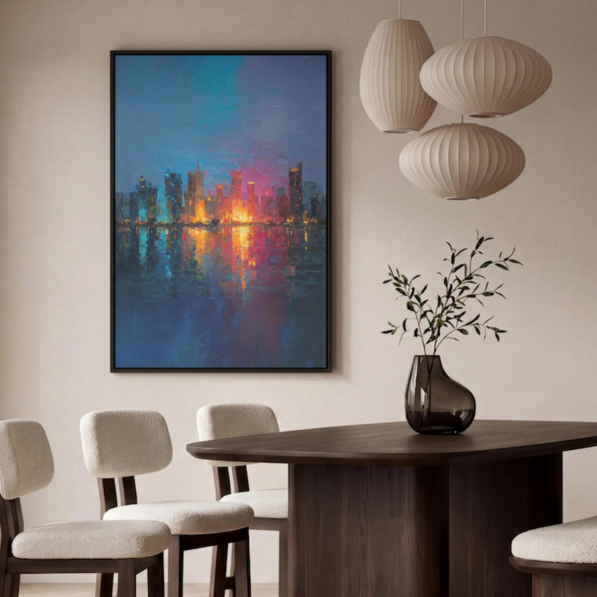 LEINWAND Bilder mit Rahmen - Skyline - Pinselstriche - Dunkelblau - Leuchtend - 90x140 - Blau, Textil (90/140cm) - MuchoWow