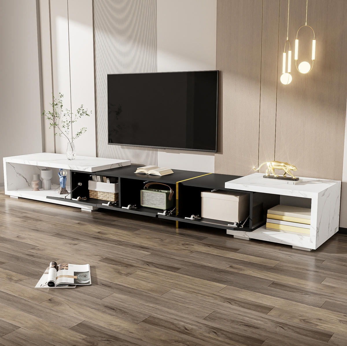 TV-SCHRANK aus MDF und Holzwerkstoff 260x40x30 cm Schwarz/Weiß in Marmoroptik drehbar und ausziehbar mit Stauraum - Schwarz, Holzwerkstoff (260/30/40cm) - Modfu