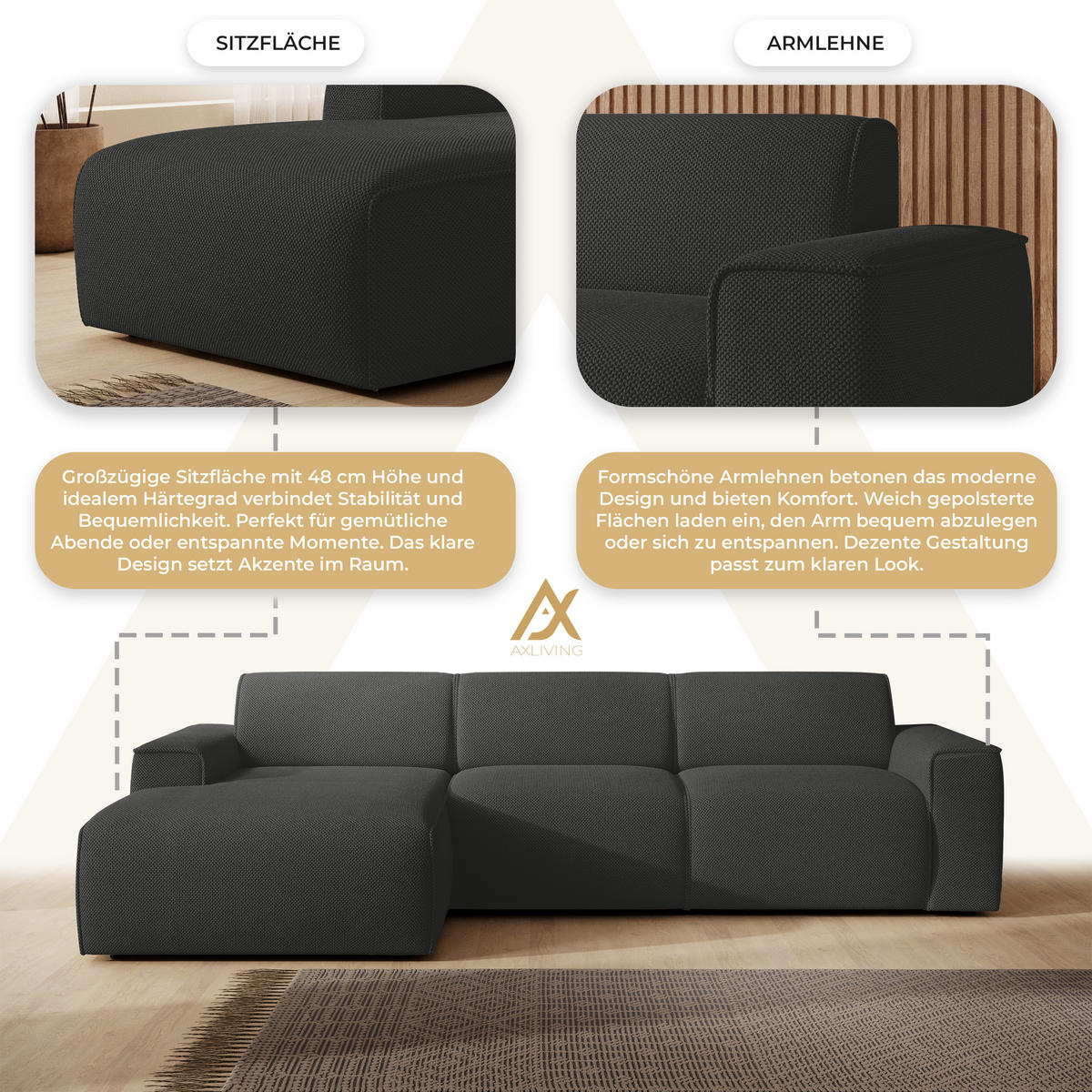 ECKSOFA L Form Didim mini Grau 310/165/78 cm – stilvolle kleine Eckcouch L - Schwarz/Grau, Kunststoff/Textil (165/310cm) - AX Living