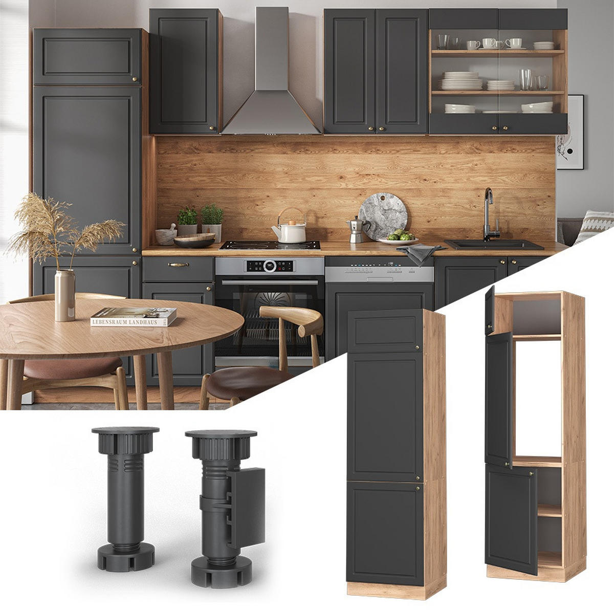 DULAP FRIGIDER Fame-Line Aur antracit 60 cm - stejar miere/antracit, compozit lemnos (60/206.8/58.1cm) - Vicco