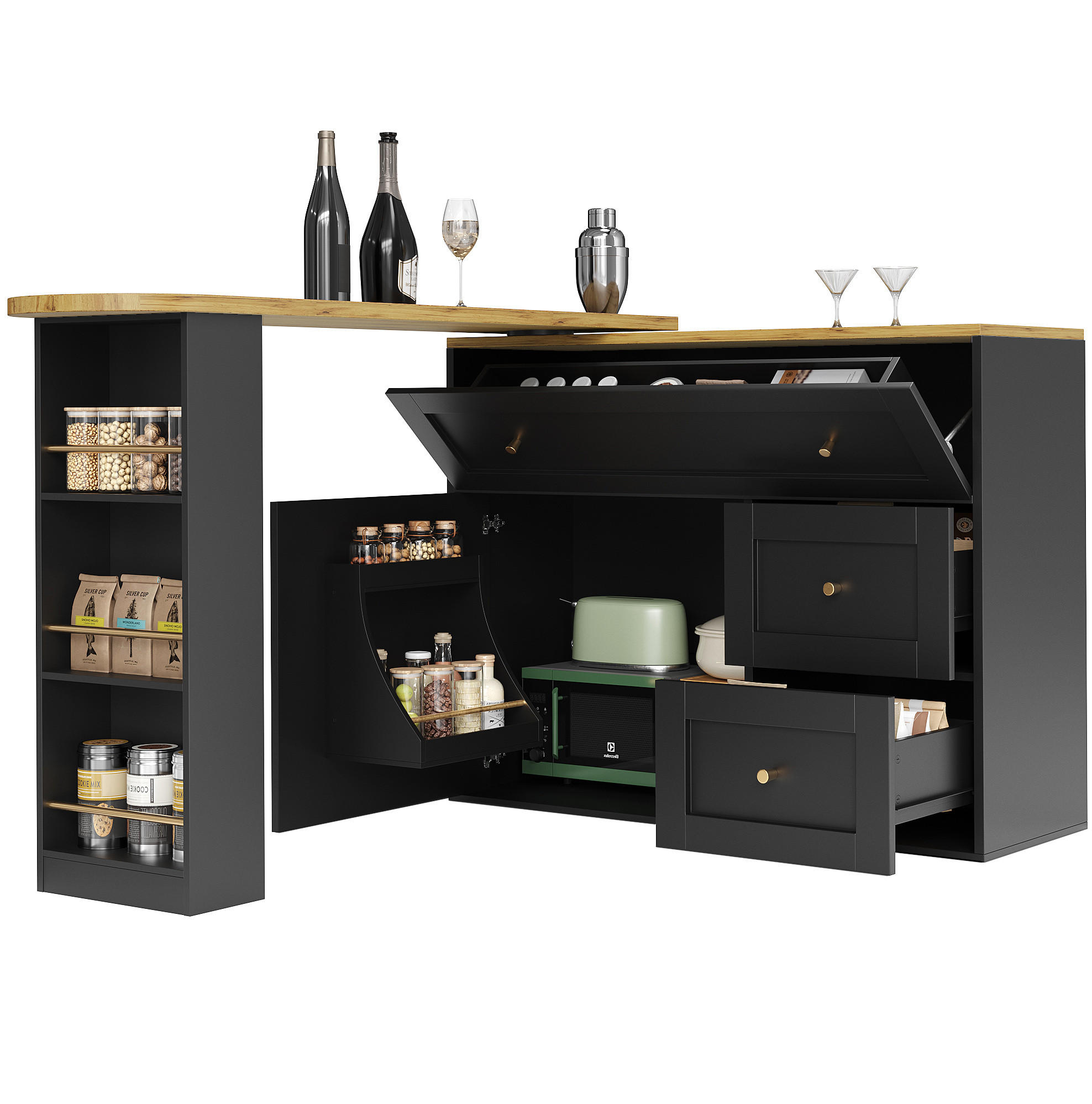 BARTISCH ausziehbar aus MDF mit Stauraum & 360°-Drehplatte, 138-204/39/105 cm, Schwarz - Schwarz, Holzwerkstoff (39/105/138cm) - Redom