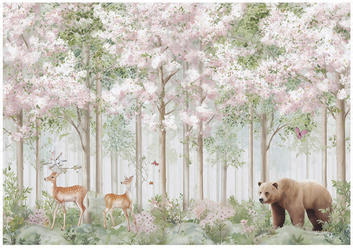 FOTOTAPETE Kinderzimmer Wald Tiere Hirsche 200x140 - Multicolor, Papier (200/140cm) - Wallarena