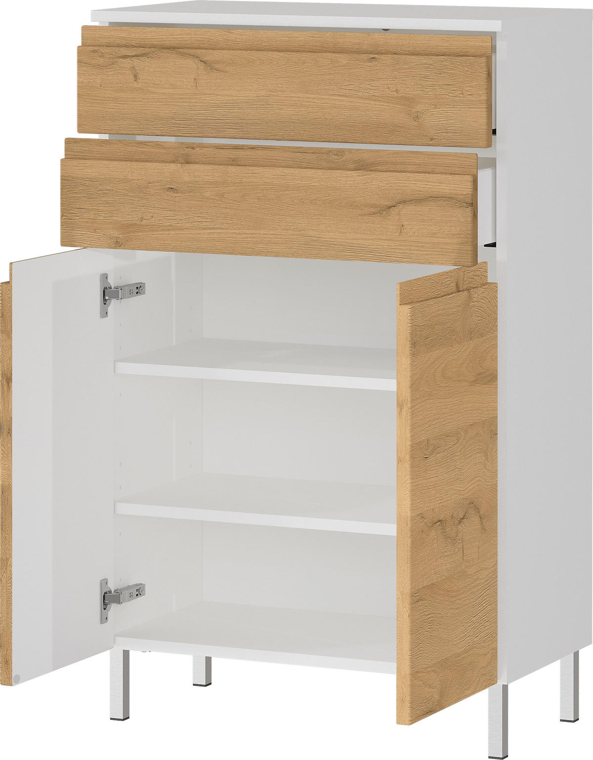 BADSCHRANK Weiß und Eiche Grandson 60x97x34 cm mit Schubladen, Chromfüßen und griffloser Front VEER - Weiß, Holz/Metall (60/97/34cm) - KADIMA DESIGN