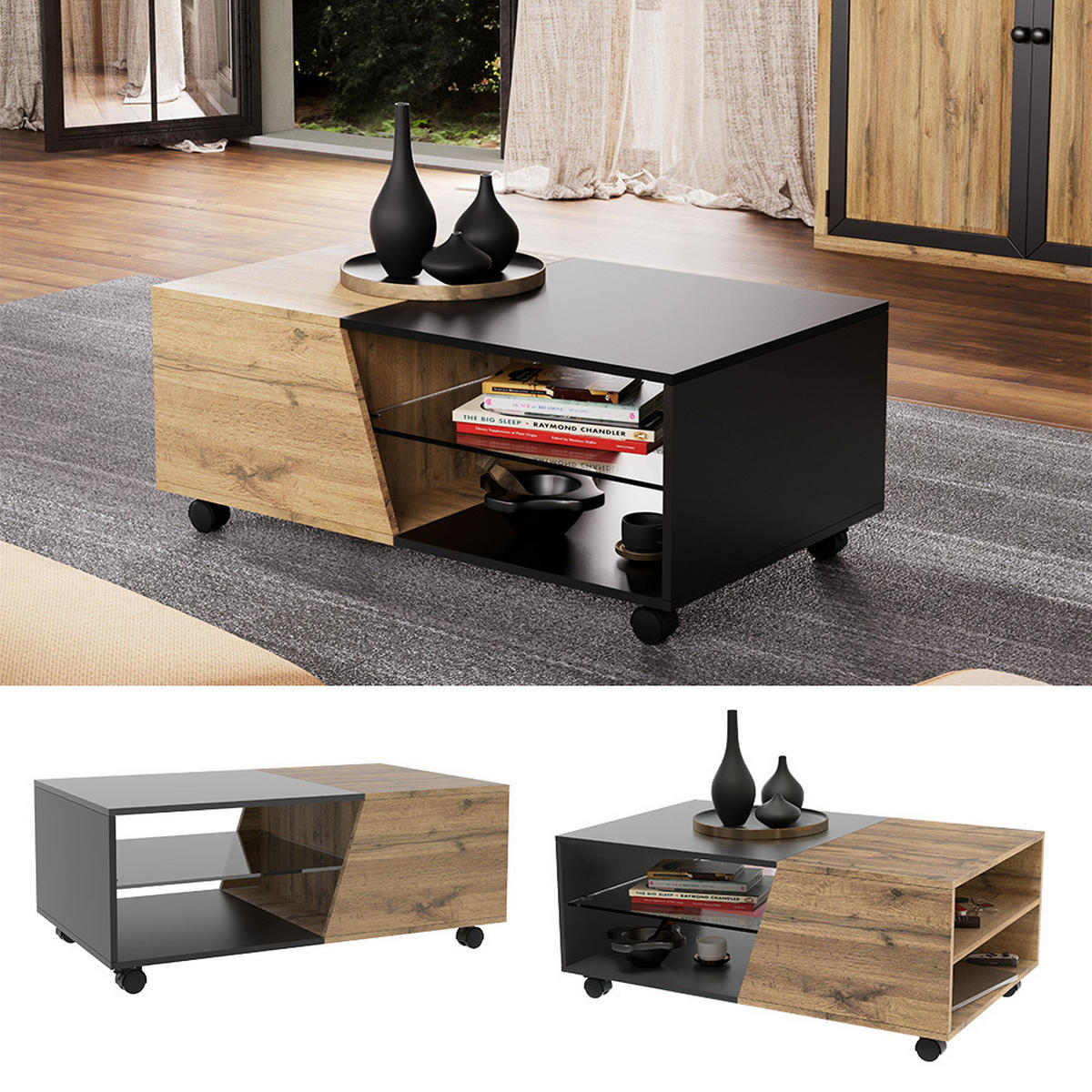 COUCHTISCH Yukon Holz 100 x 60 cm - Schwarz/Naturfarben, Holzwerkstoff (60/100/40cm) - Vicco